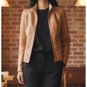 Denis Leather Works Women's Tan Leather‎ Jacket Made in Italy 42 / US 6
